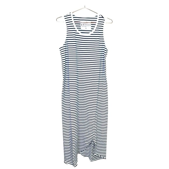 FRANK & EILEEN Black & White Stripe Tank Dress Midi Asymmetrical Hem Made in USA - Picture 1 of 8